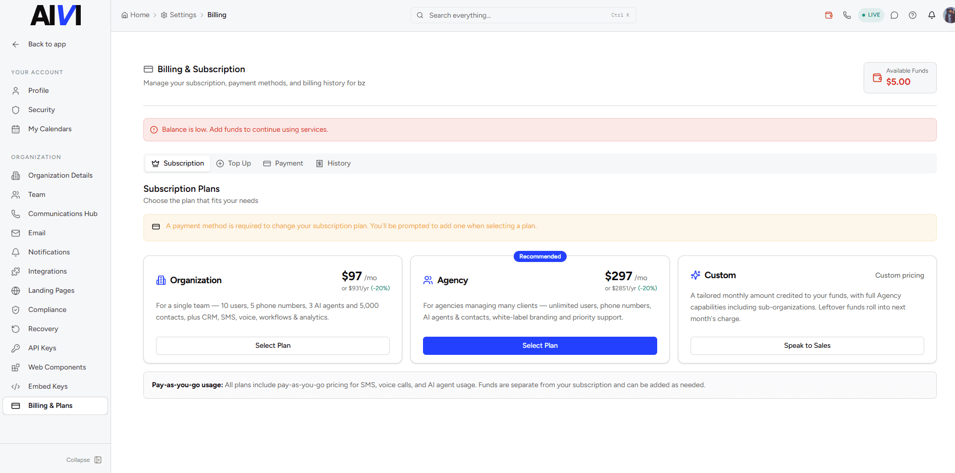 AIVI billing screen showing subscription plans and a prepaid funds balance