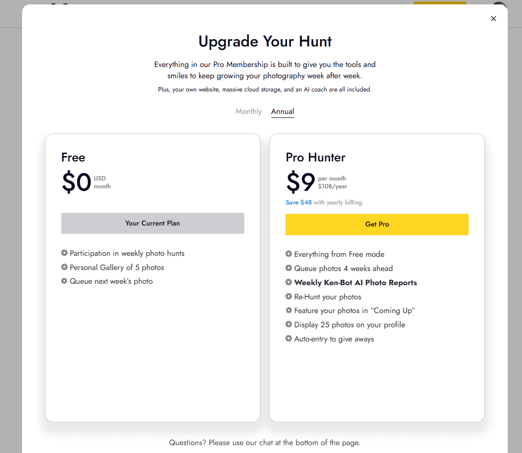 Upgrade Your Hunt modal comparing the free plan with Pro Hunter