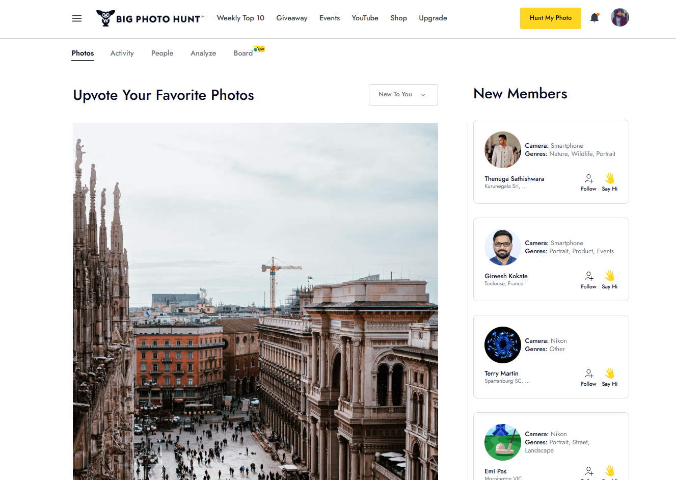 Photo feed with upvoting and a new members rail
